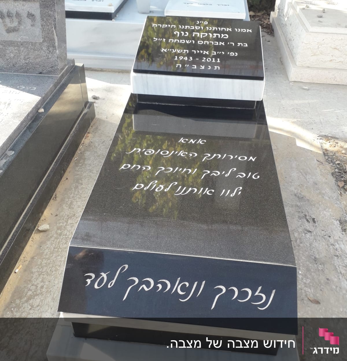 מצבות שחורות עם כיתוב בעברית בבית קברות